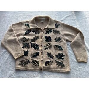 Milano Design Group Vintage Leaf Acorn Button Cardigan Sweater Beige Green Large